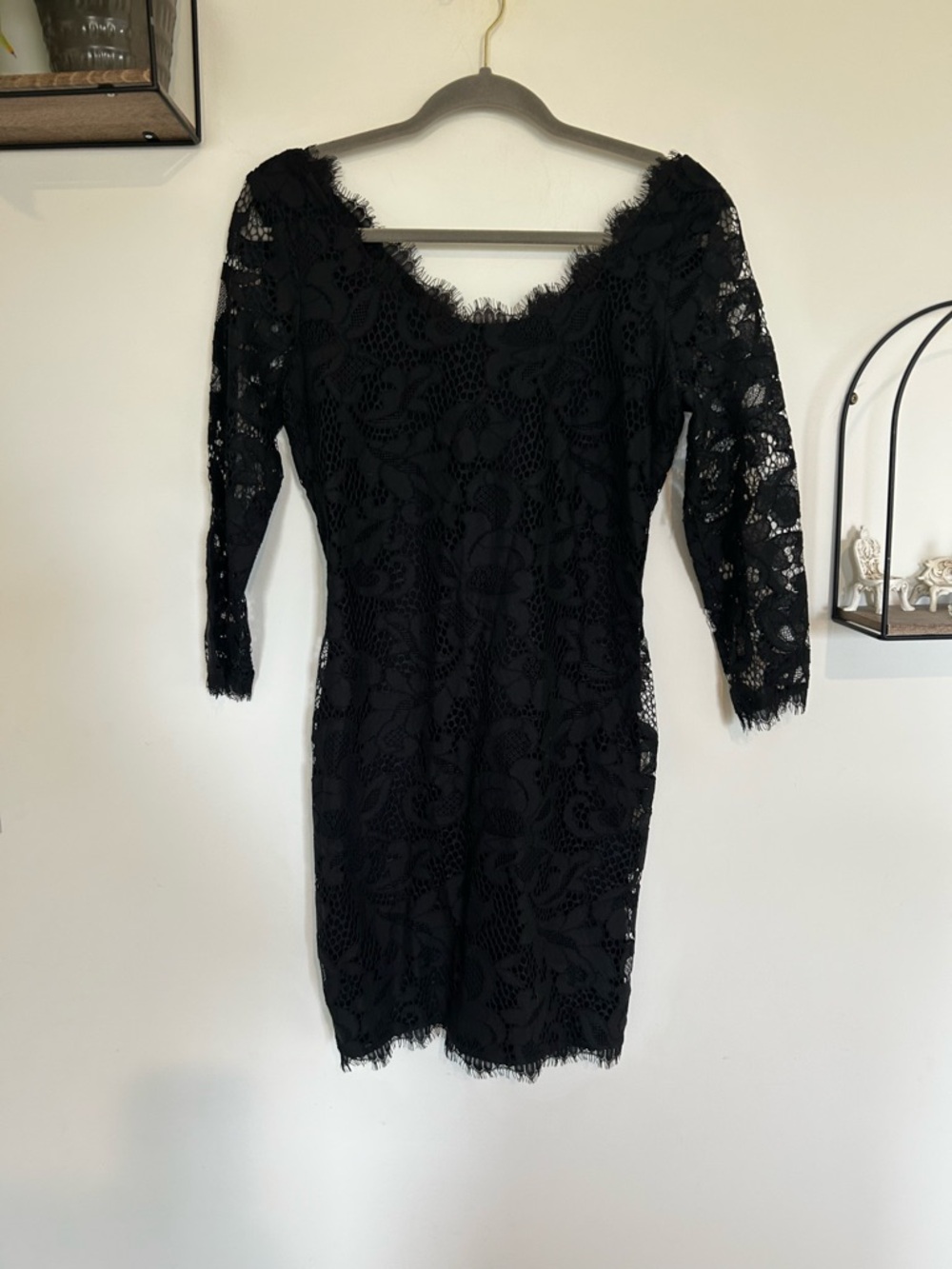Diane Von Furstenberg Black Zarita Sheer Lace Arm V Neck Mini Dress Size 4